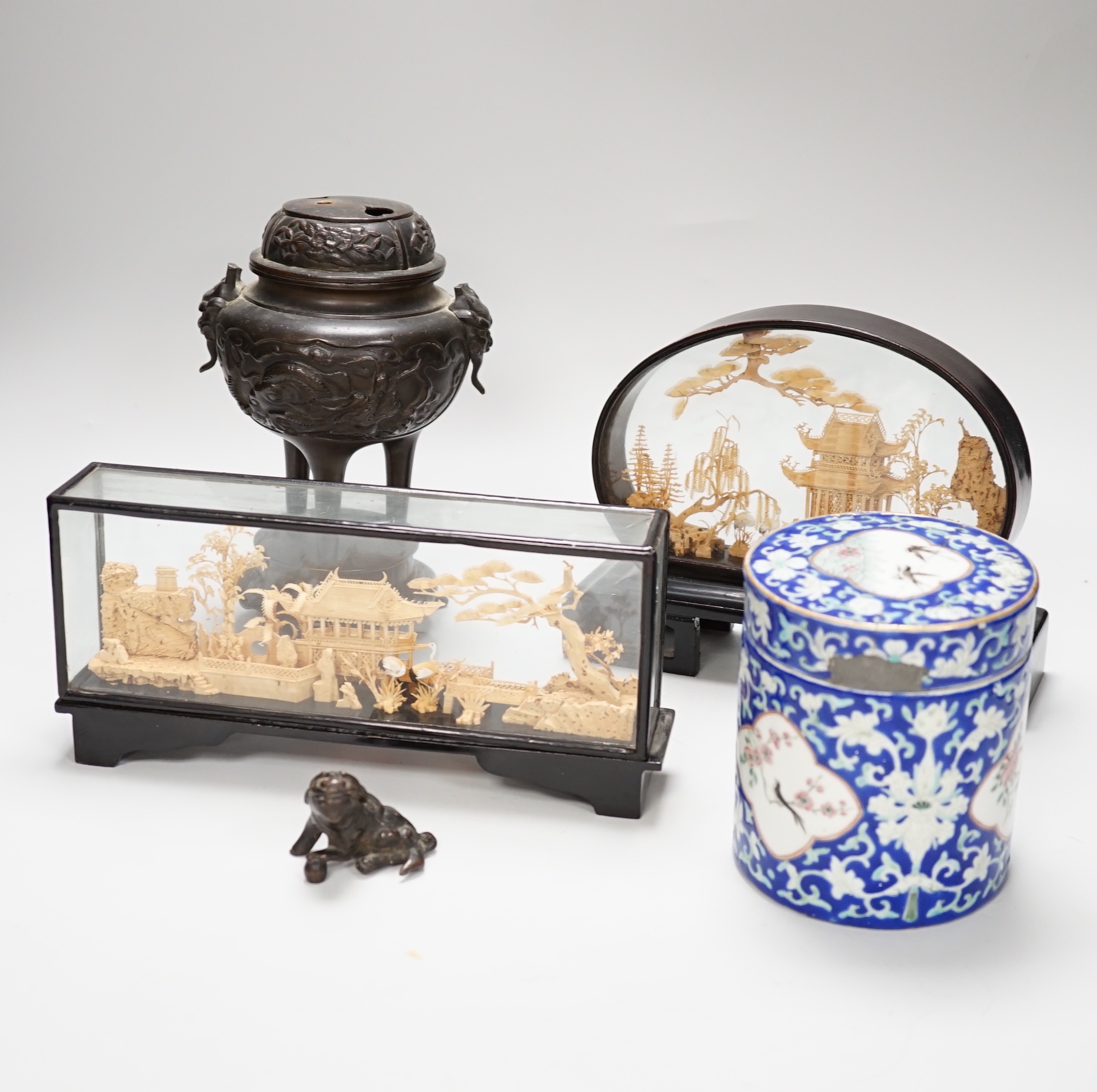 A Japanese bronze koro, a Chinese enamelled porcelain jar and cover jar and two cork dioramas